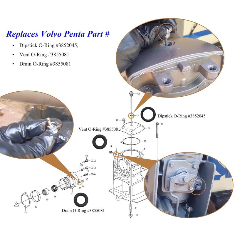 WFCYX O-Ring Part# 3855081 for Vent or Drain, Part# 3852045 Dipstick Outdrive Lower Unit Gearlube Gearoil Oring 955981& 955974, Fit for Volvo Penta Marine Duo Prop Set SX-M, SX-A, DPS-A Inboard Outboard - Image 4